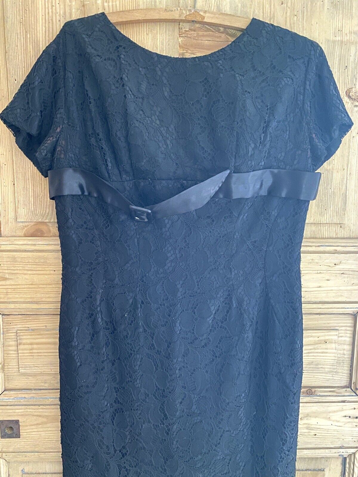 Vintage French BLACK BROCADE LACE belted DRESS c1960