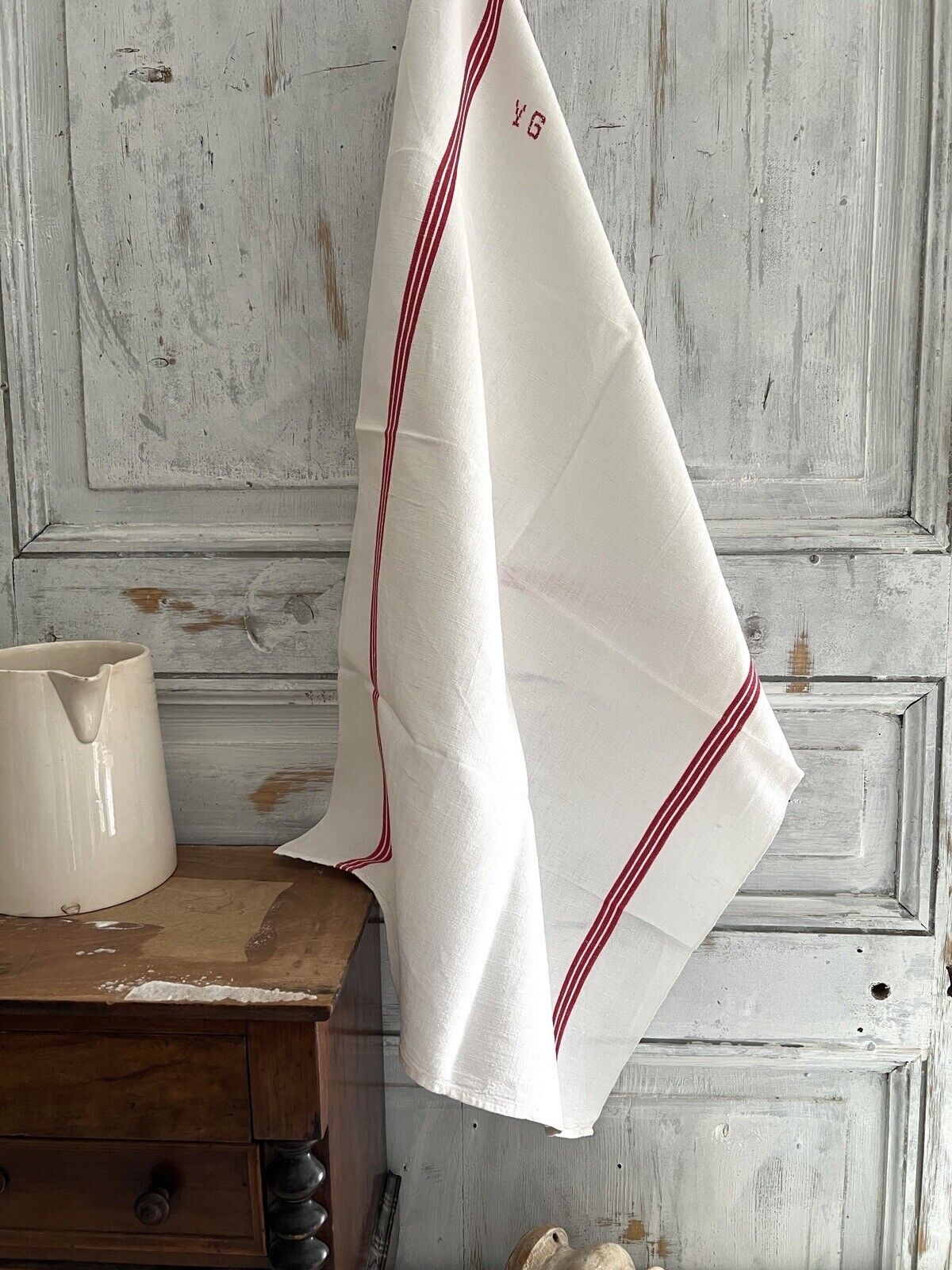 PAIR vintage French LINEN TEA TOWELS YG mono c1920