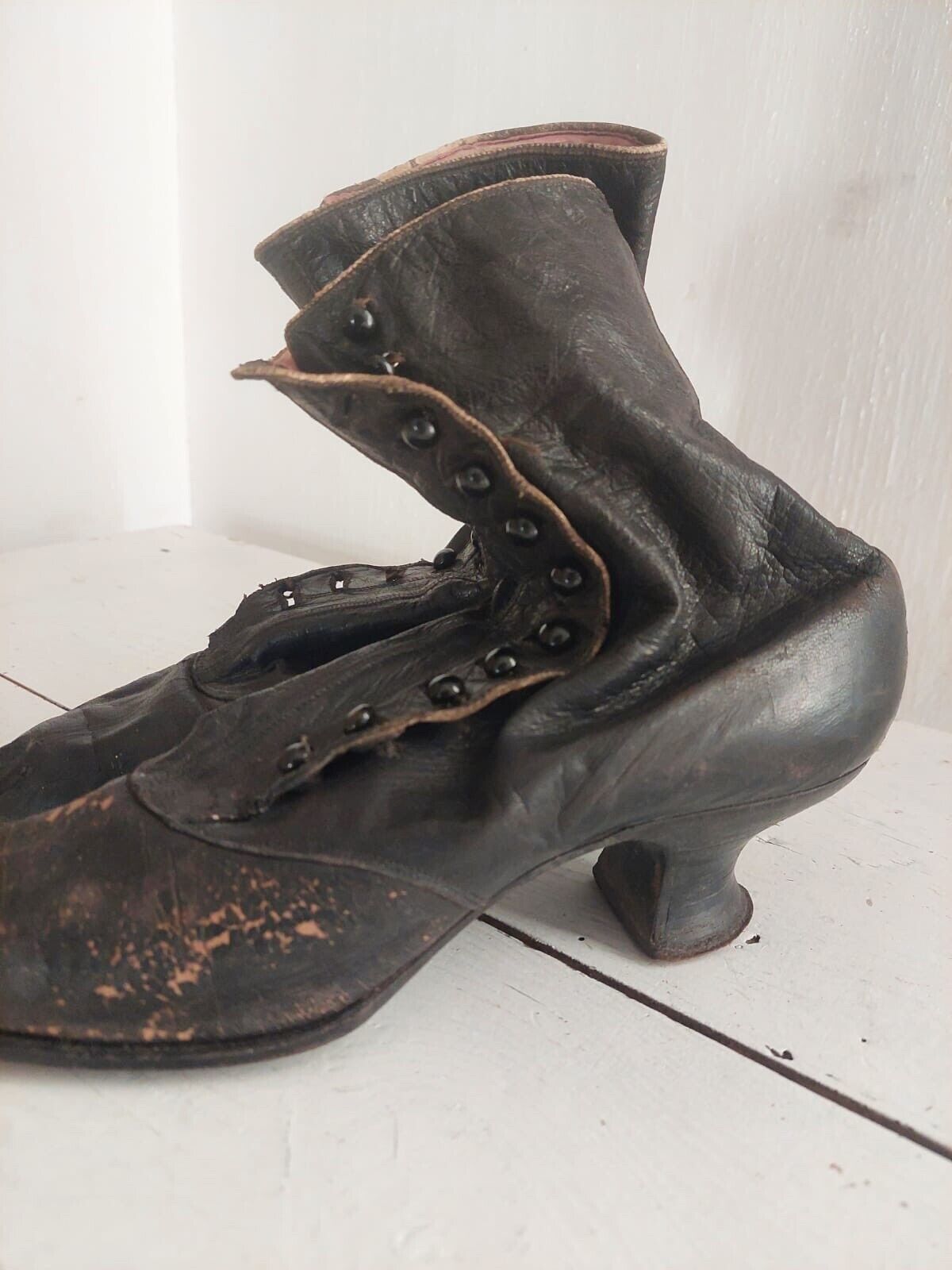 Edwardian French pair woman shoes BLACK LEATHER bobine heel WORN c1850