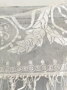 Vintage French floral MANTELPIECE COVER curtain cotton FILET LACE FRINGES c1930