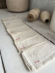 Set of 6 antique French  LINEN COTTON blend HANDKERCHIEF R mono c1900