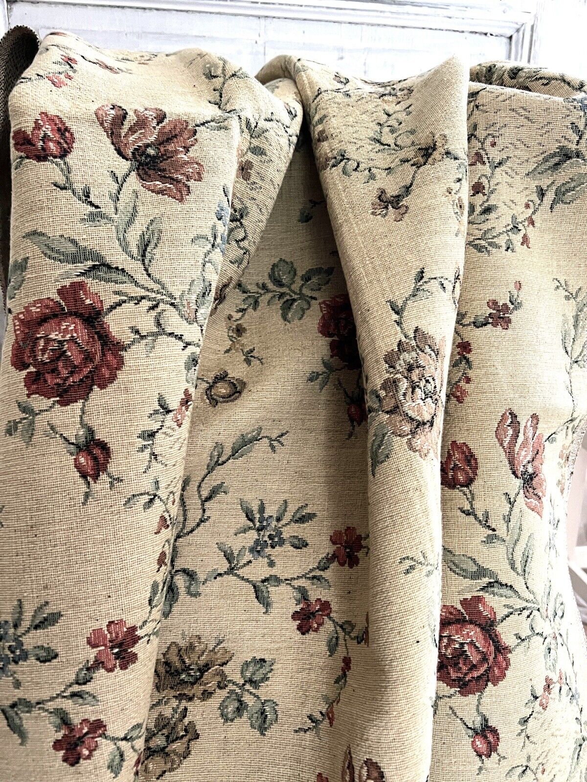 Vintage French HEAVY BOTANIC JACQUARD linen fabric ROSES panel UPHOLSTERY c1940