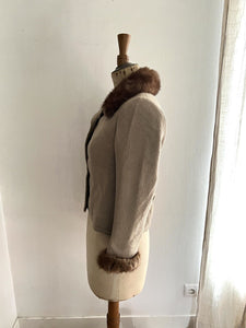 Vintage French woman beige wool spencer JACKET MINK FUR collar c1950