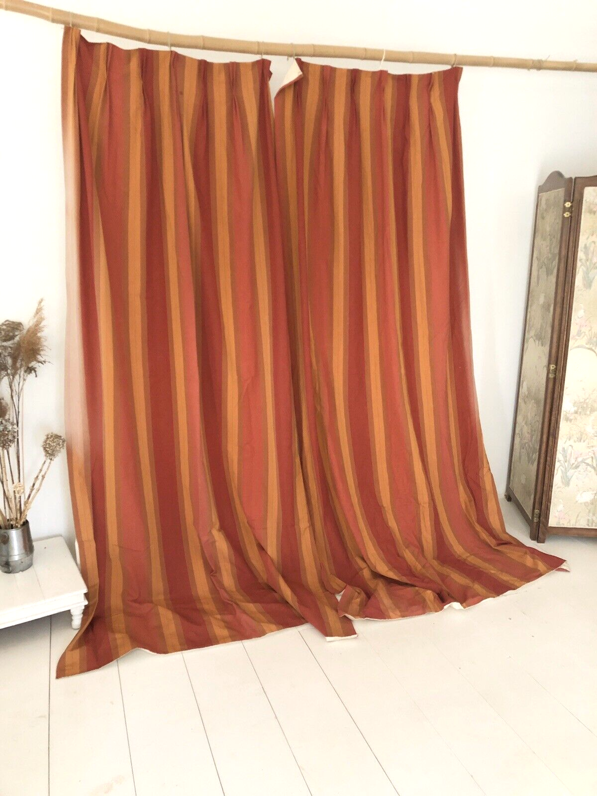 PAIR vintage LONG French BURGUNDY DRAPE cotton curtains STRIPES BACKED c1950