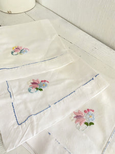 Set 8 vintage French cotton TEA NAPKINS FLORAL embroideries shabby chic c1950