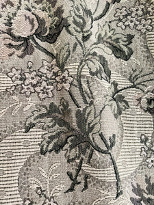 Antique French long woven DAMASK cotton FLORAL GREY green CURTAIN c1910