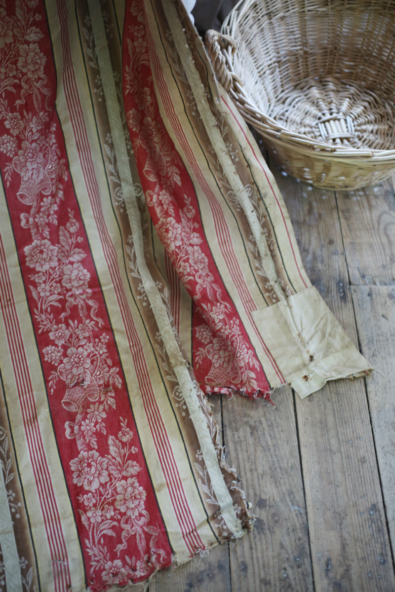 RARE Napoleon III French TICKING cotton PATCHED red cramoisi FLORAL c1850