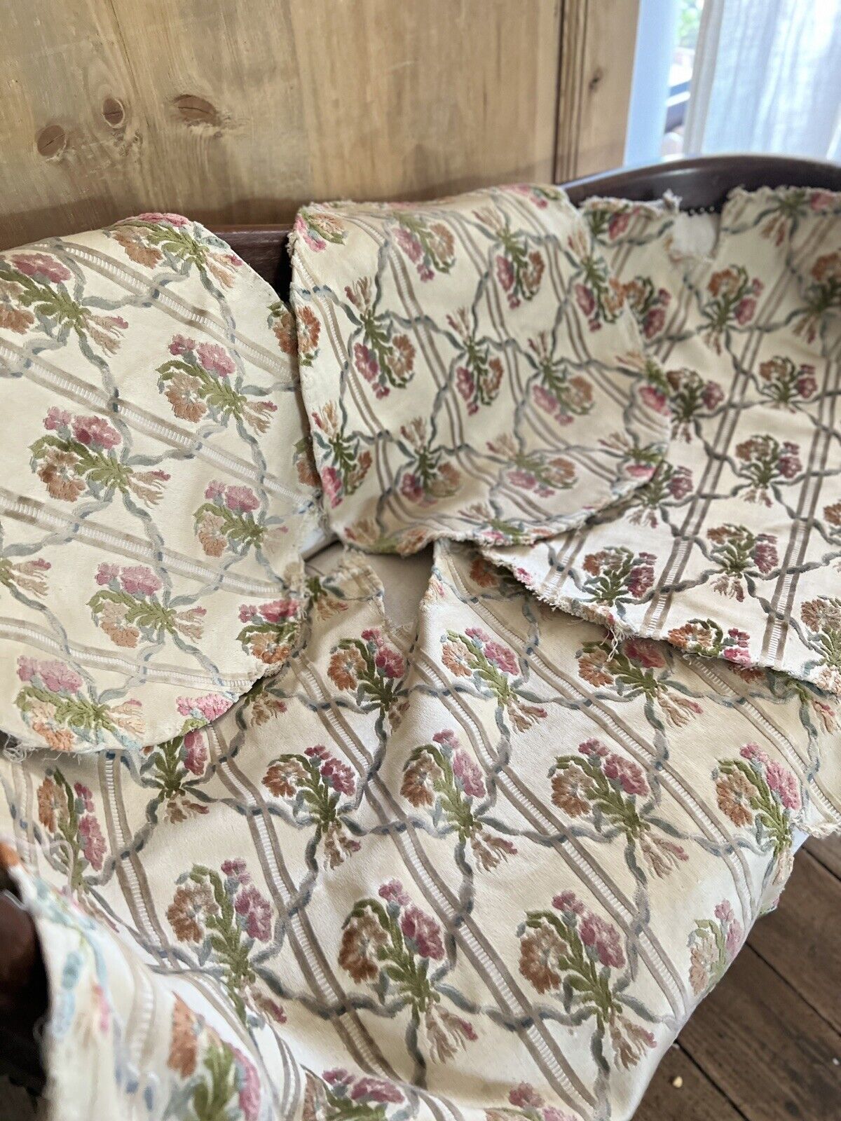 Antique French EMPIRE PAIR DAMASK cotton chair covers floral bouquets c1880