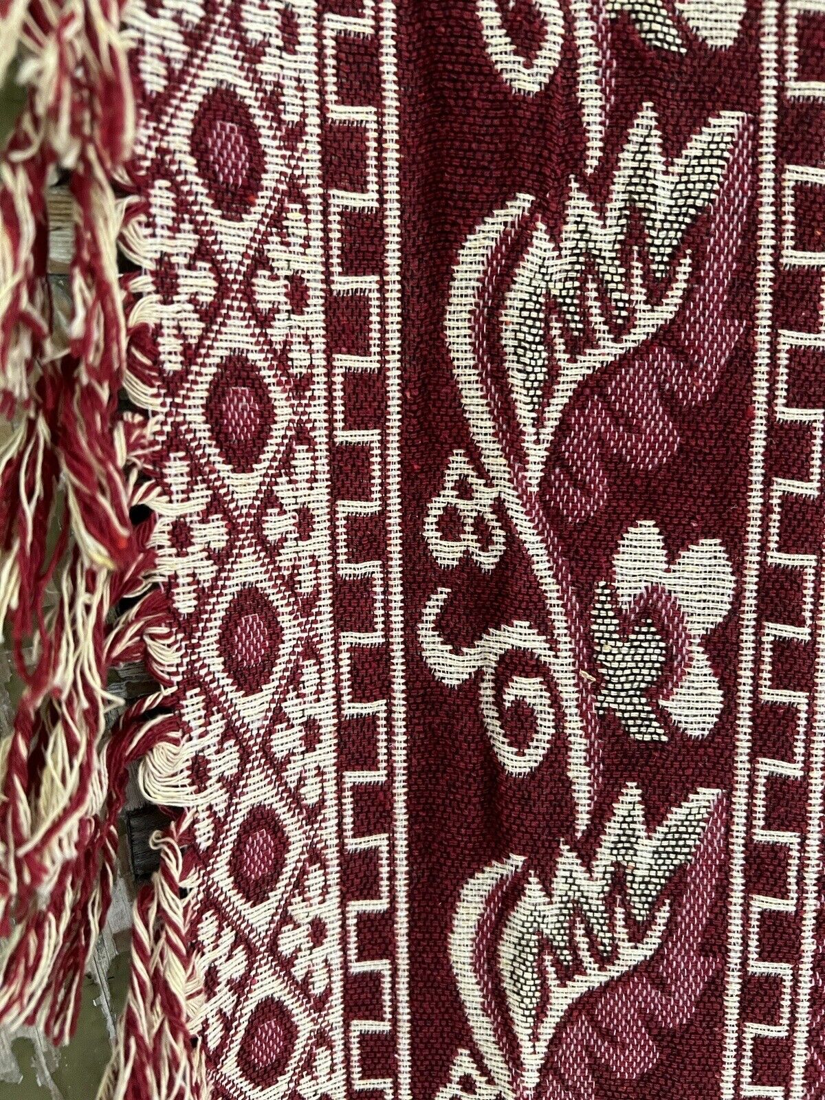 Vintage French FLORAL BURGUNDY BOTEH DAMASK wool BEDSPREAD fringes c1930