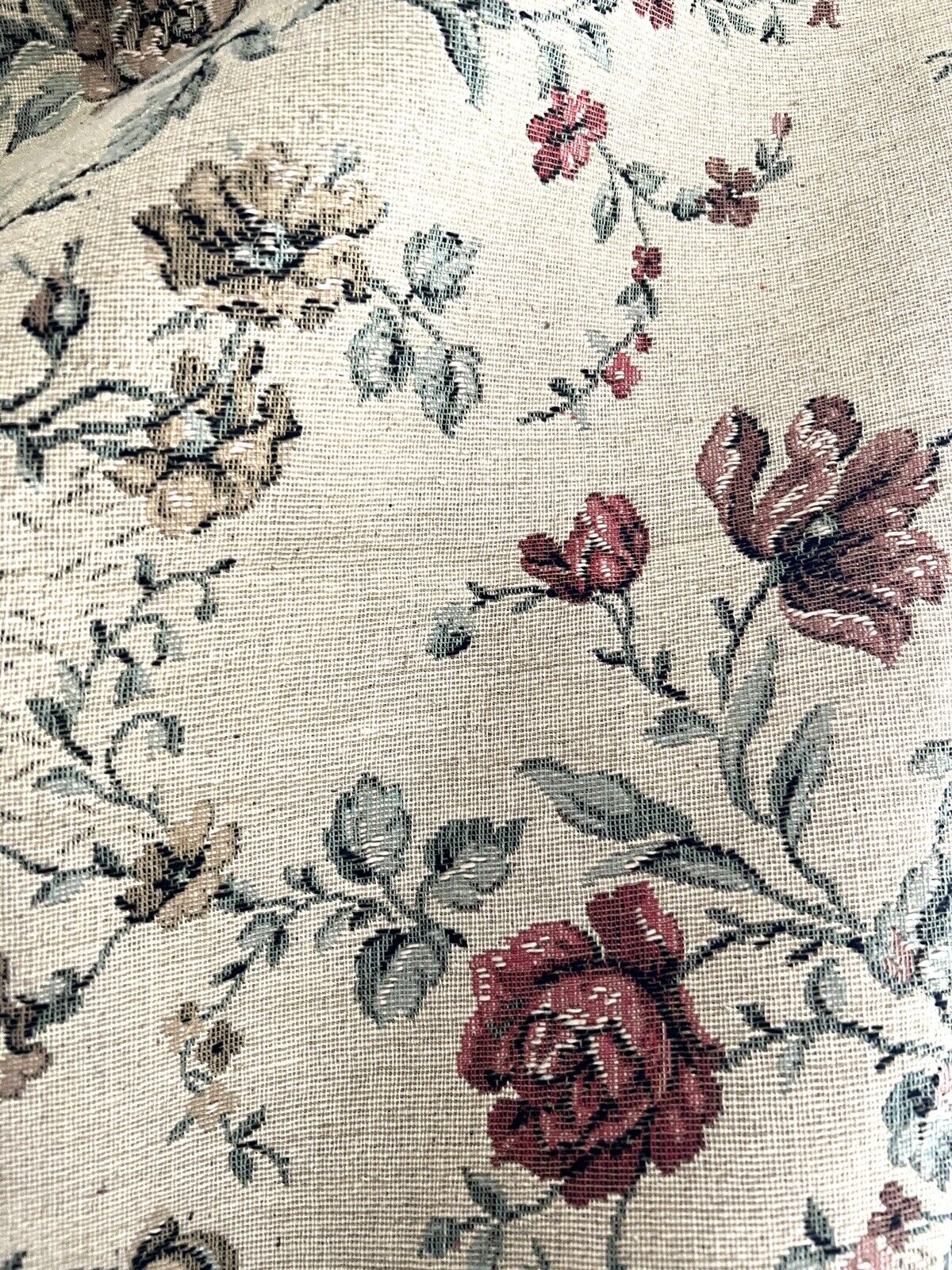 Vintage French HEAVY BOTANIC JACQUARD linen fabric ROSES panel UPHOLSTERY c1940