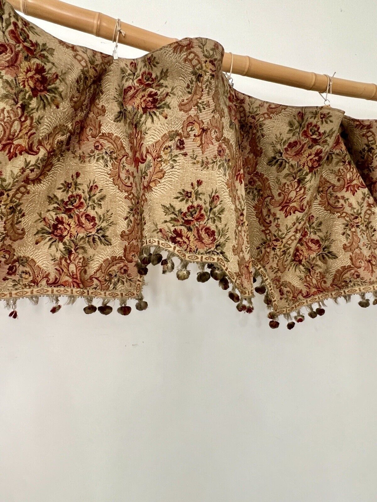 Antique French PAIR floral DAMASK VALANCE braid POMPOMS roses DECOR padded c1850