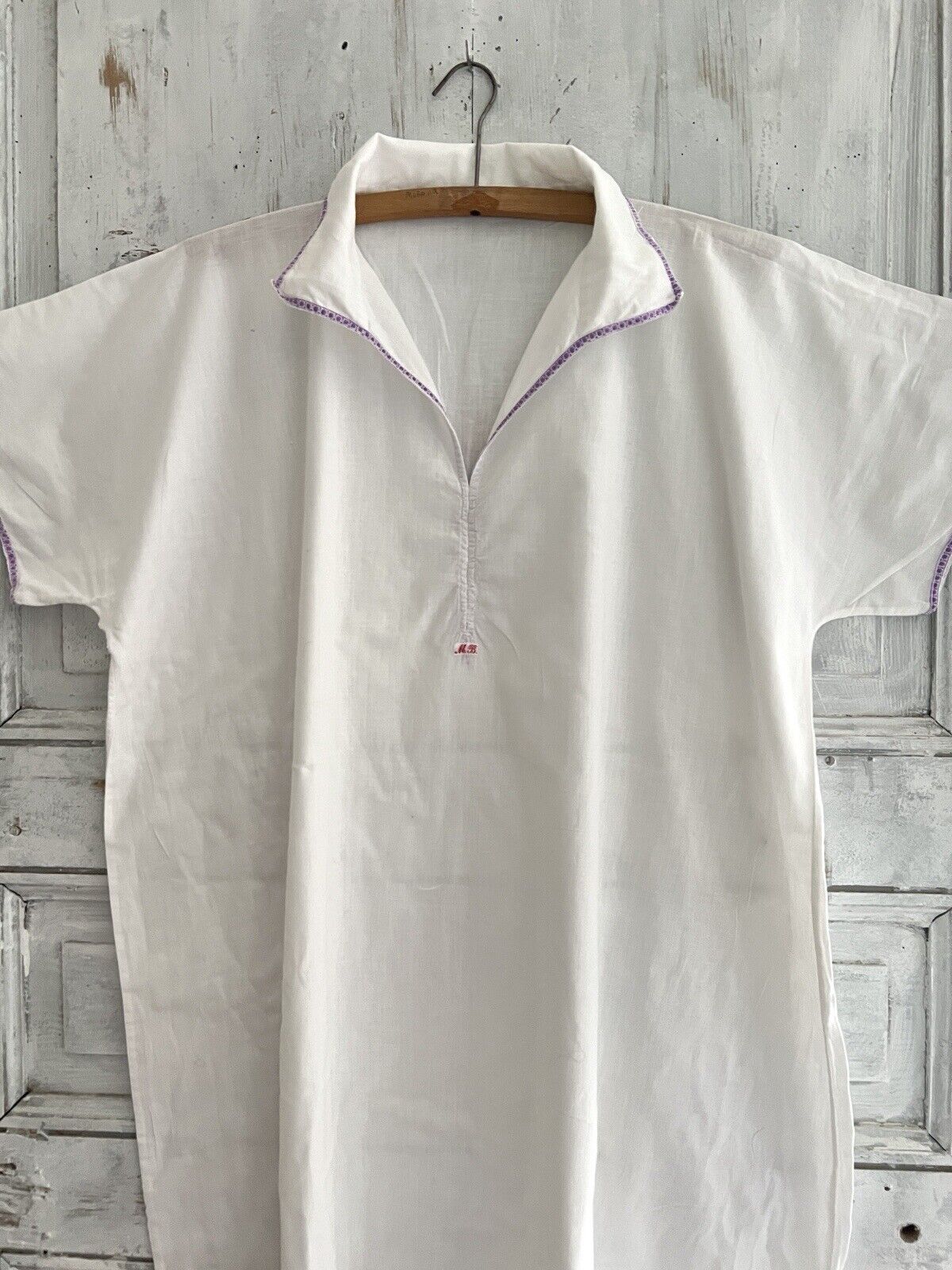 Vintage French MAN cotton gauze NIGHTSHIRT purple liseret 1930