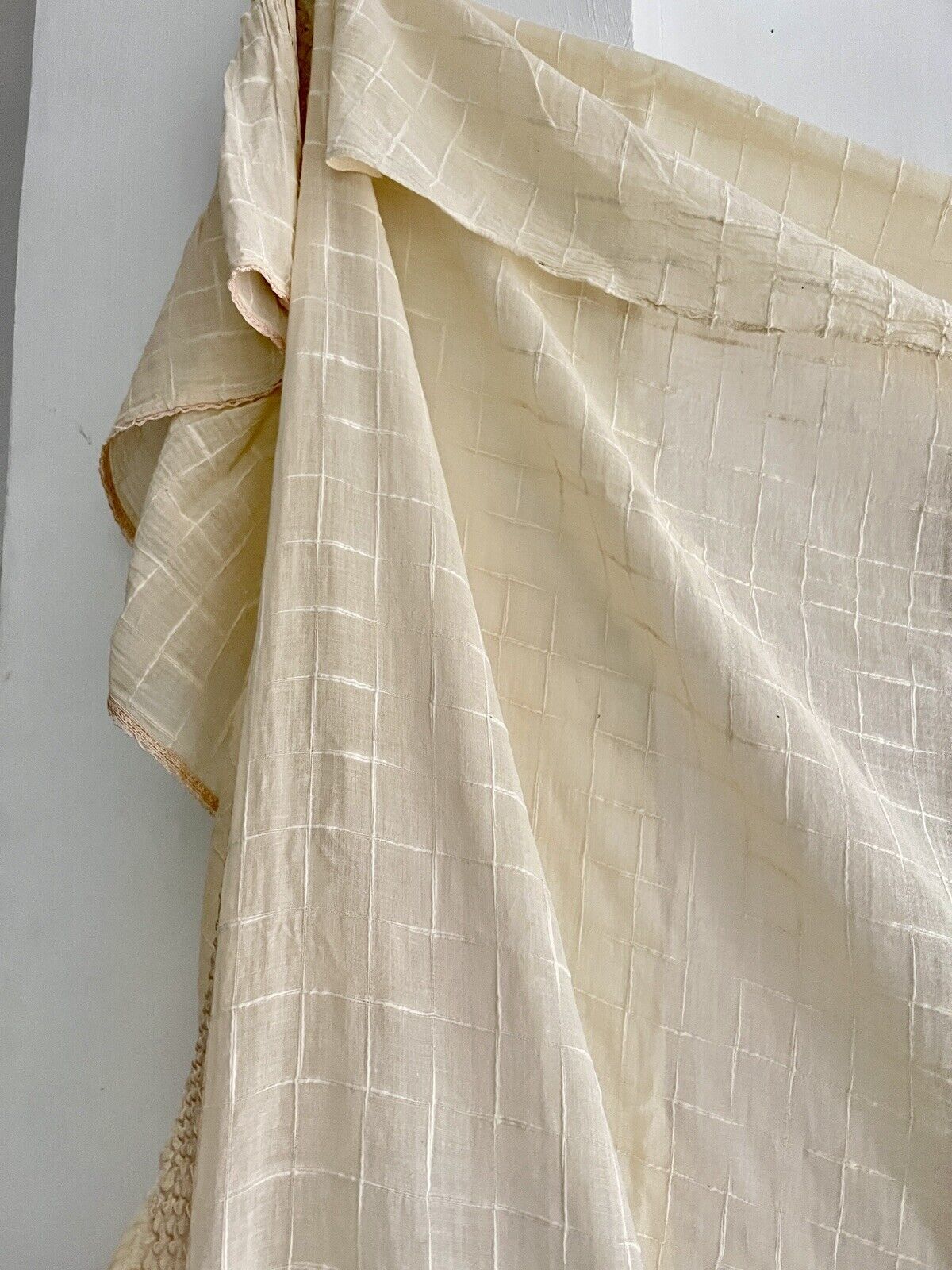 Vintage French LIGHT yellow cotton GAUZE BEDSPREAD FRILLS c1930