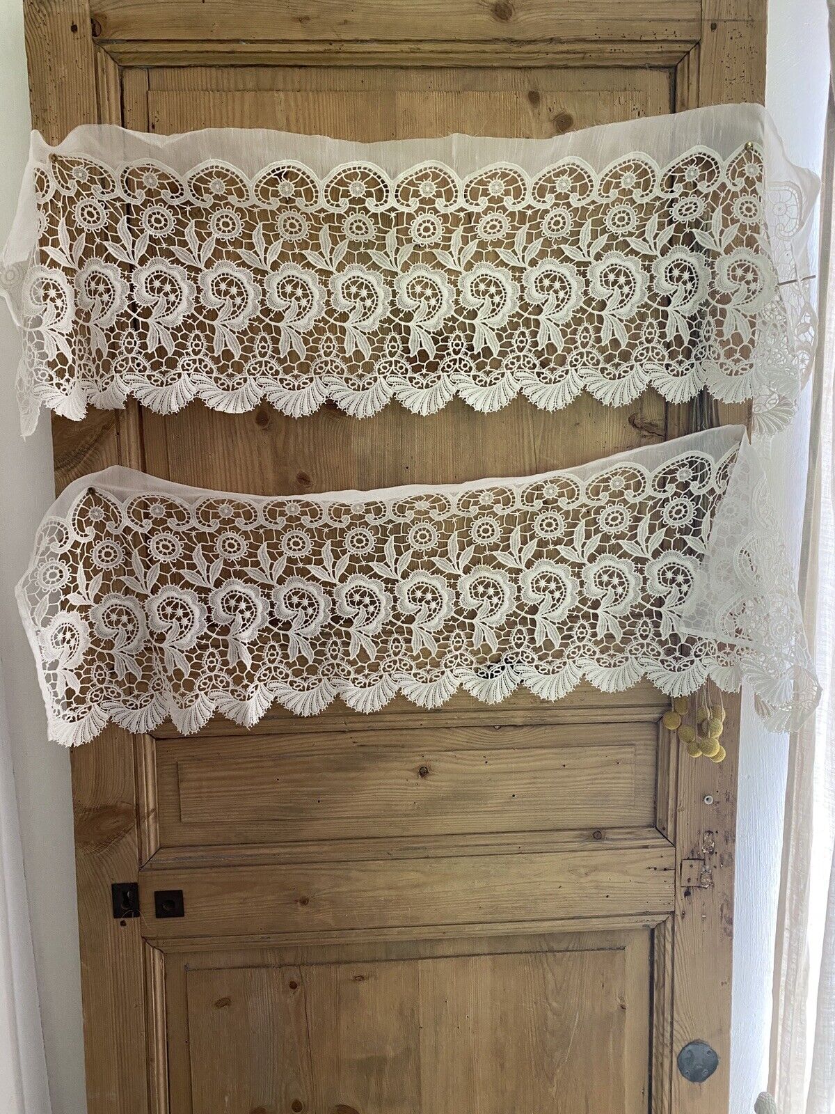 Vintage French SET 2 FILET LACE panel CURTAIN brise bise c1950