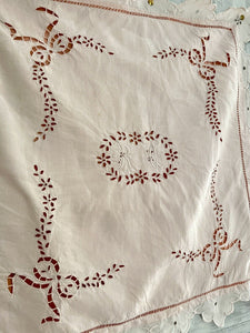 Antique French pink EMBROIDERED eyelet linen PILLOW SHAM FESTONS RC mono c1920