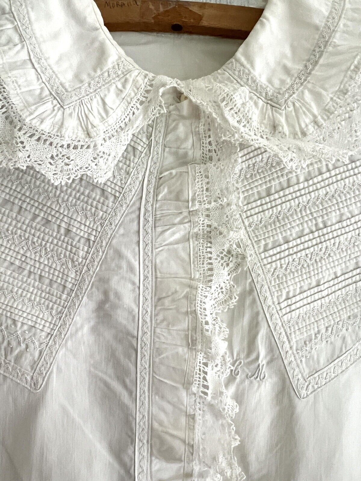 Rare VICTORIAN French woman embroidered BLOUSE pintucks LACE frill CM mono c1900