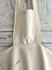 Antique French EMBROIDERED heavy linen cotton NATURAL WORK WEAR APRON c1920