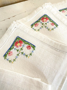 6 Vintage French HEAVY LINEN embroidered NAPKINS openworks c1950