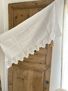 Antique French linen embroidered VALANCE MANTELPIECE FESTONS eyelet c1900