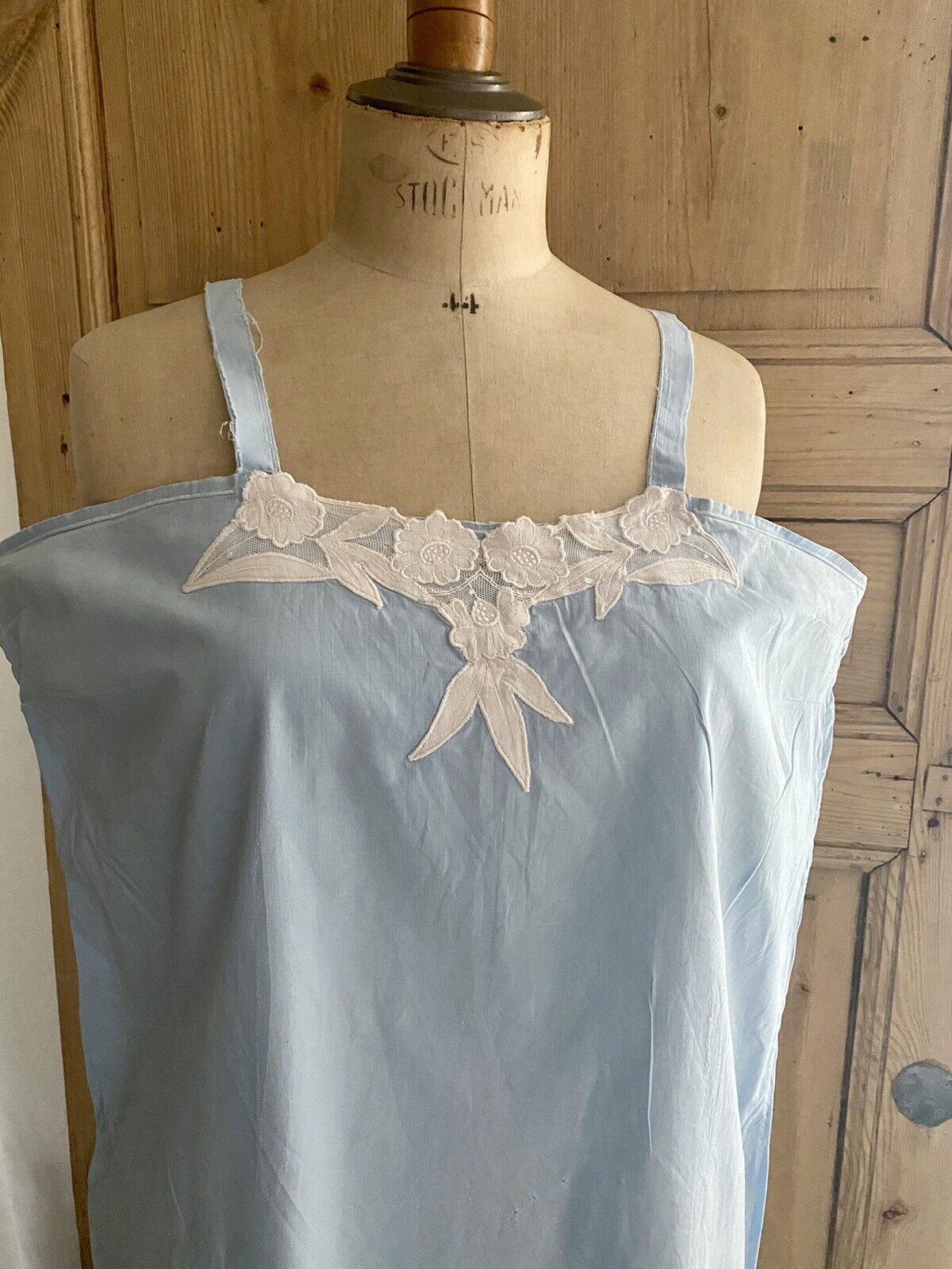 Antique French EMBROIDERED pale blue COTTON NIGHTSHIRT c1920