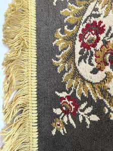 Vintage French FLORAL cotton PROVENCAL GOLD tablecloth wall hanging FRINGE c1950