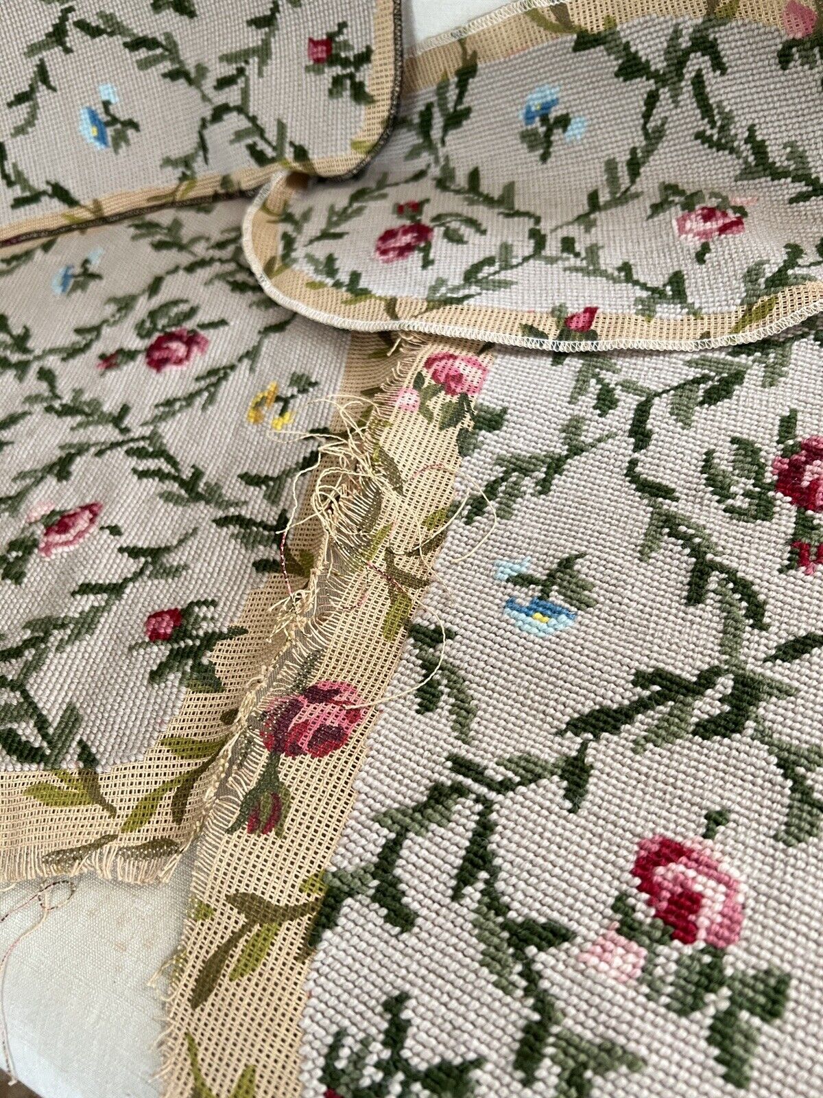 Vintage French PAIR TAPESTRY cotton chair covers floral bouquets c1950