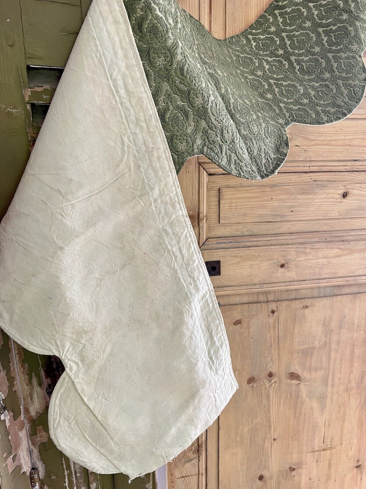 Antique French DAMASK GREEN SILK long BOTEH indiennes VALANCE c1920