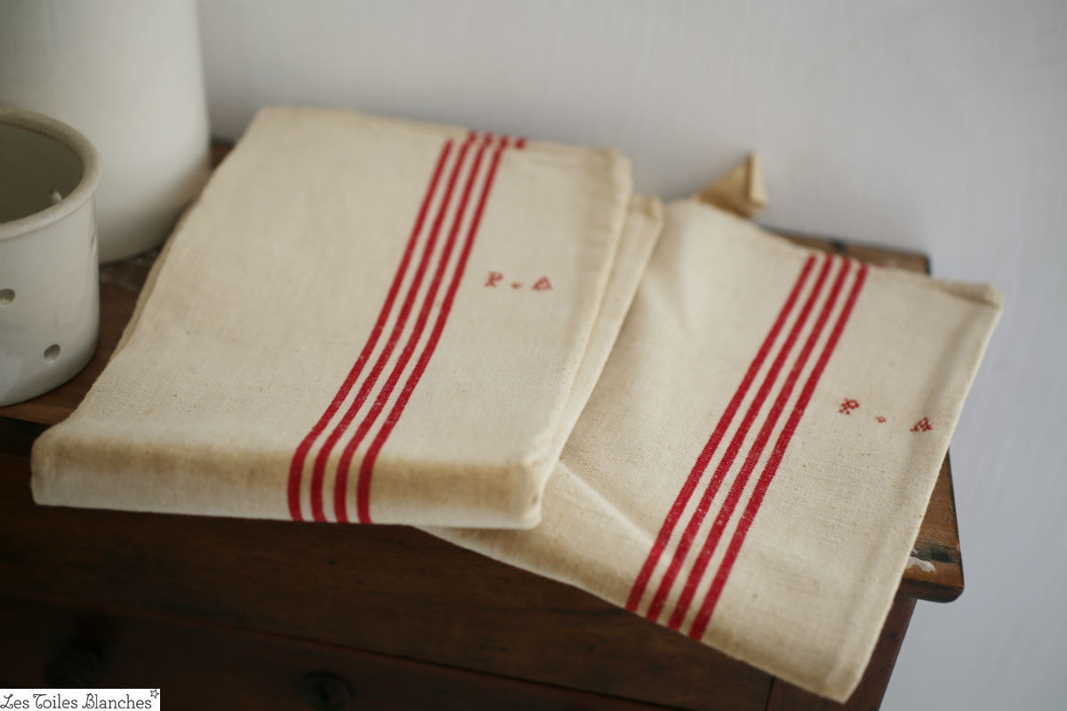 Antique French PAIR linen kitchen cloths red liteaux PA m c1880