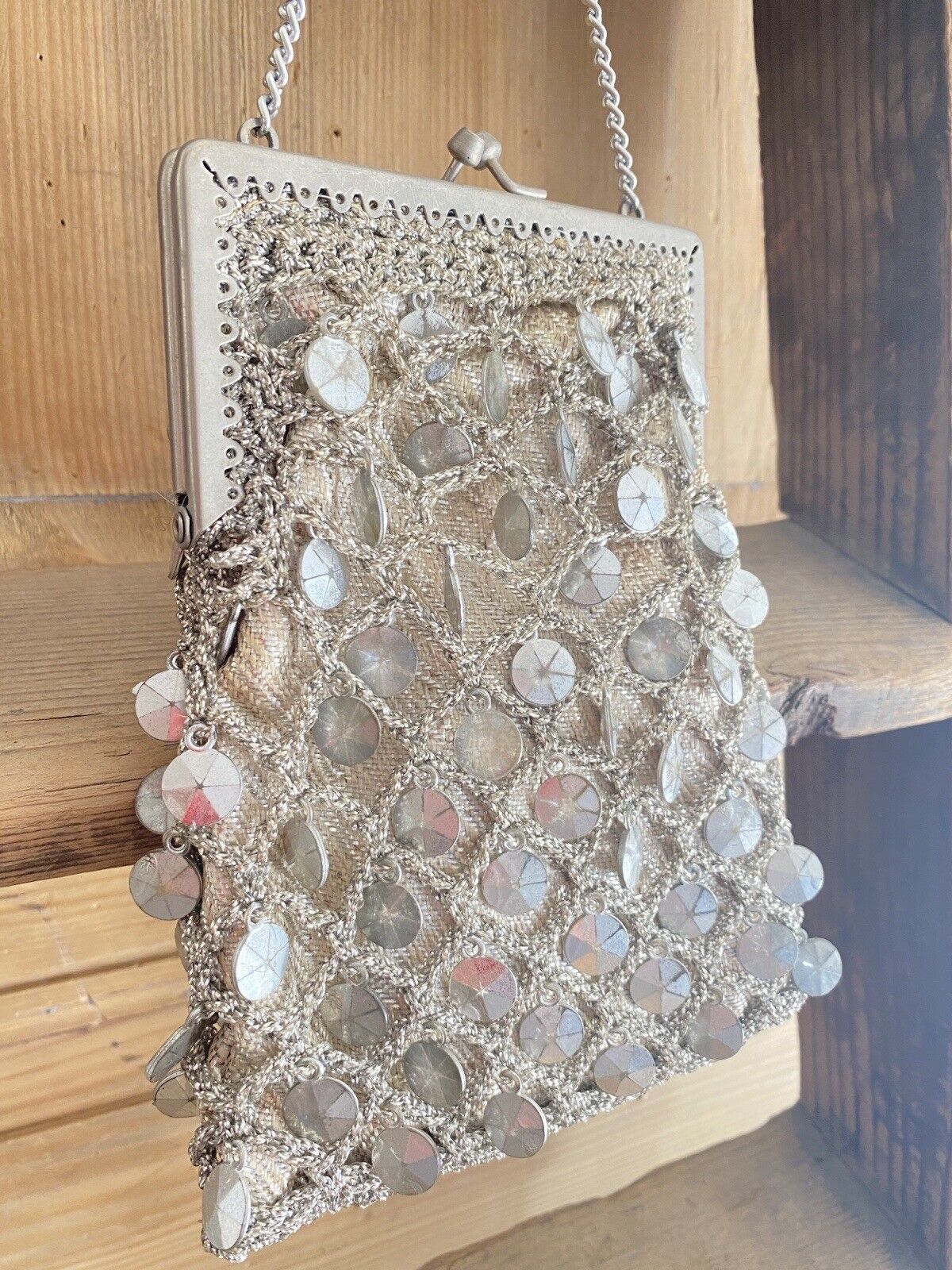 Vintage French EMBROIDERED silver SEQUIN BAG MINAUDIÈRE c1960