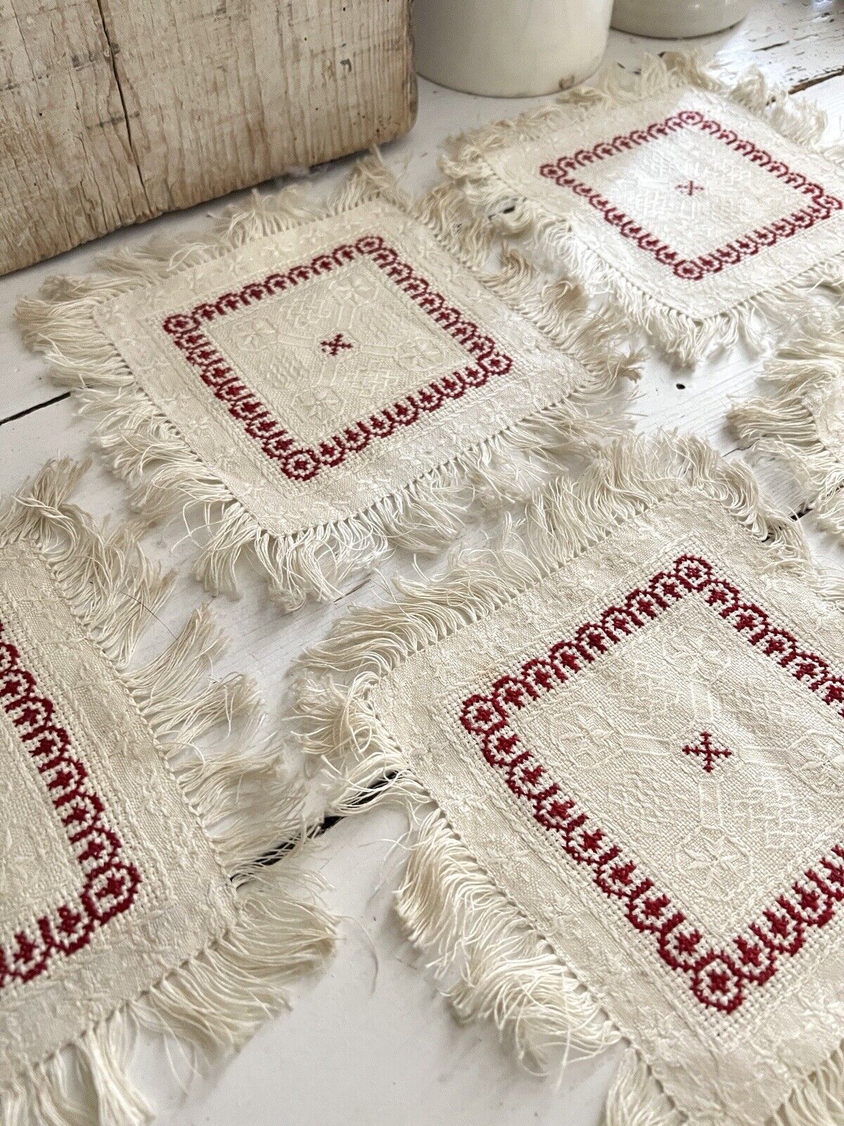 SET 5 French EMBROIDERED damask cotton DOILIES mat RED DECOR fringes c1930