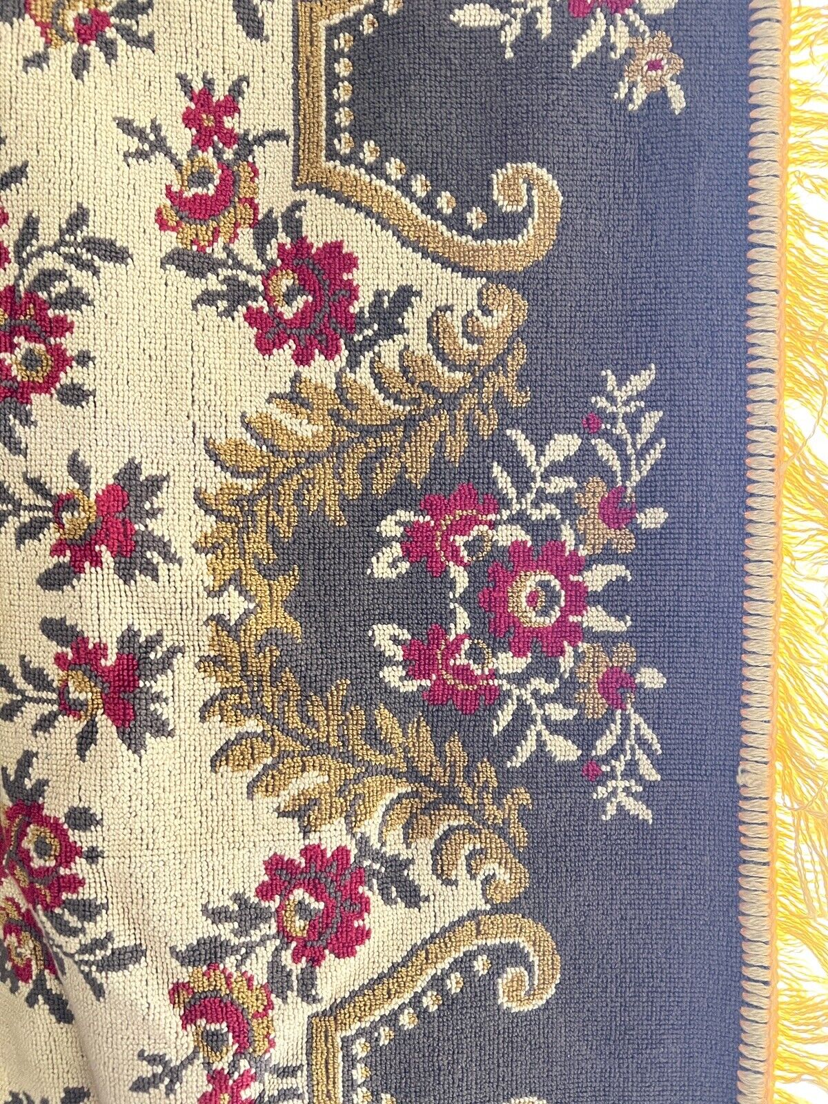 Vintage French FLORAL cotton PROVENCAL GOLD tablecloth wall hanging FRINGE c1950