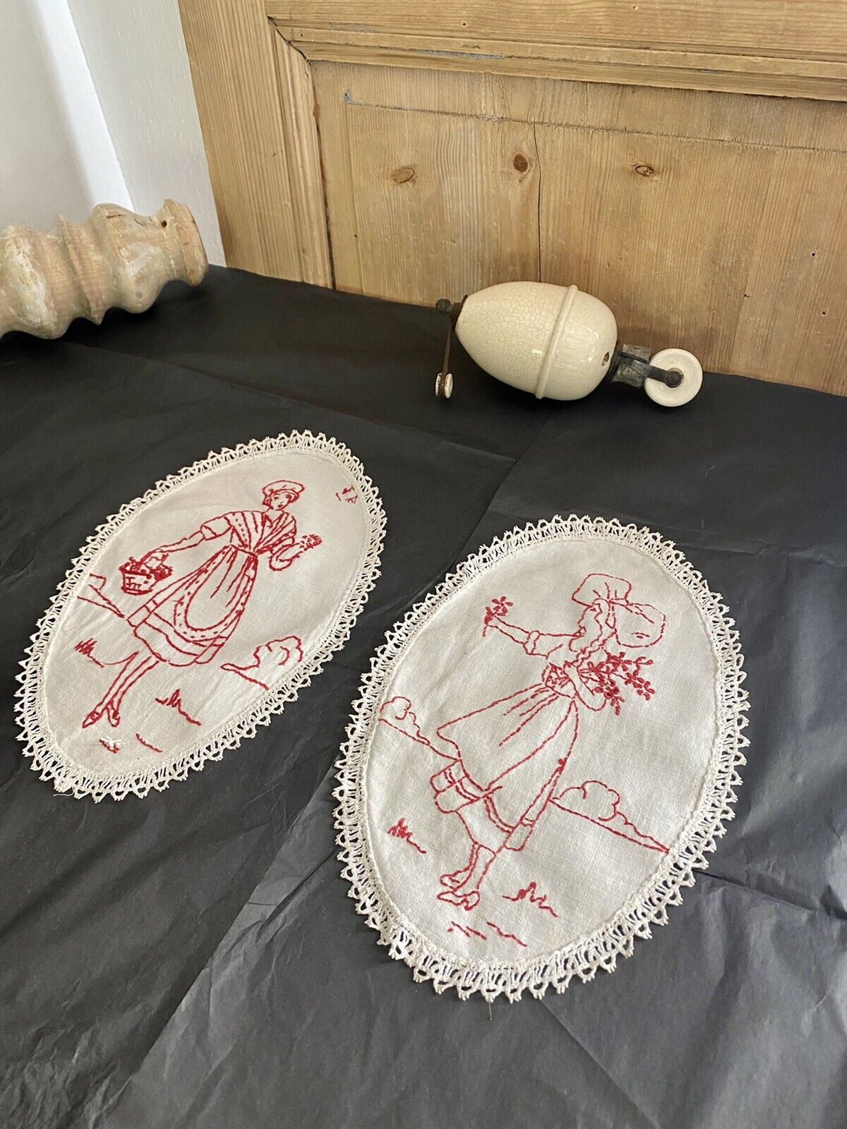 Pair vintage French DOILIES LINEN ALSATIAN napperon RED WORK c1930