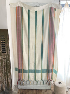 Vintage French Provencal long cotton STRIPED DOOR CURTAIN fringes c1950