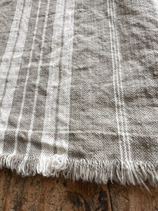 Antique French LONG khaki LINEN TICKING fabric UPHOLSTERY c1900