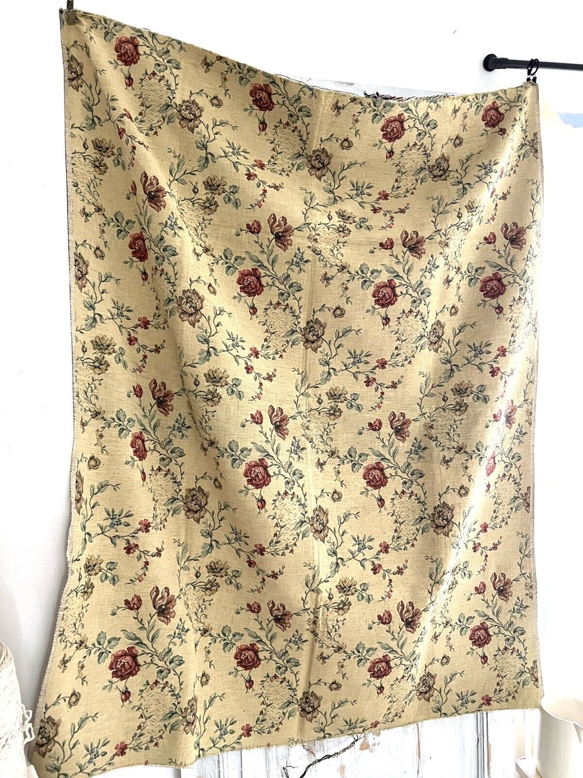 Vintage French HEAVY BOTANIC JACQUARD linen fabric ROSES panel UPHOLSTERY c1940