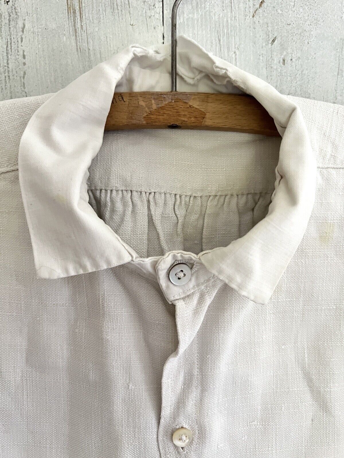 Rare antique French SHORT man front bib WORK WEAR COTTON pintucks SHIRT  c1880