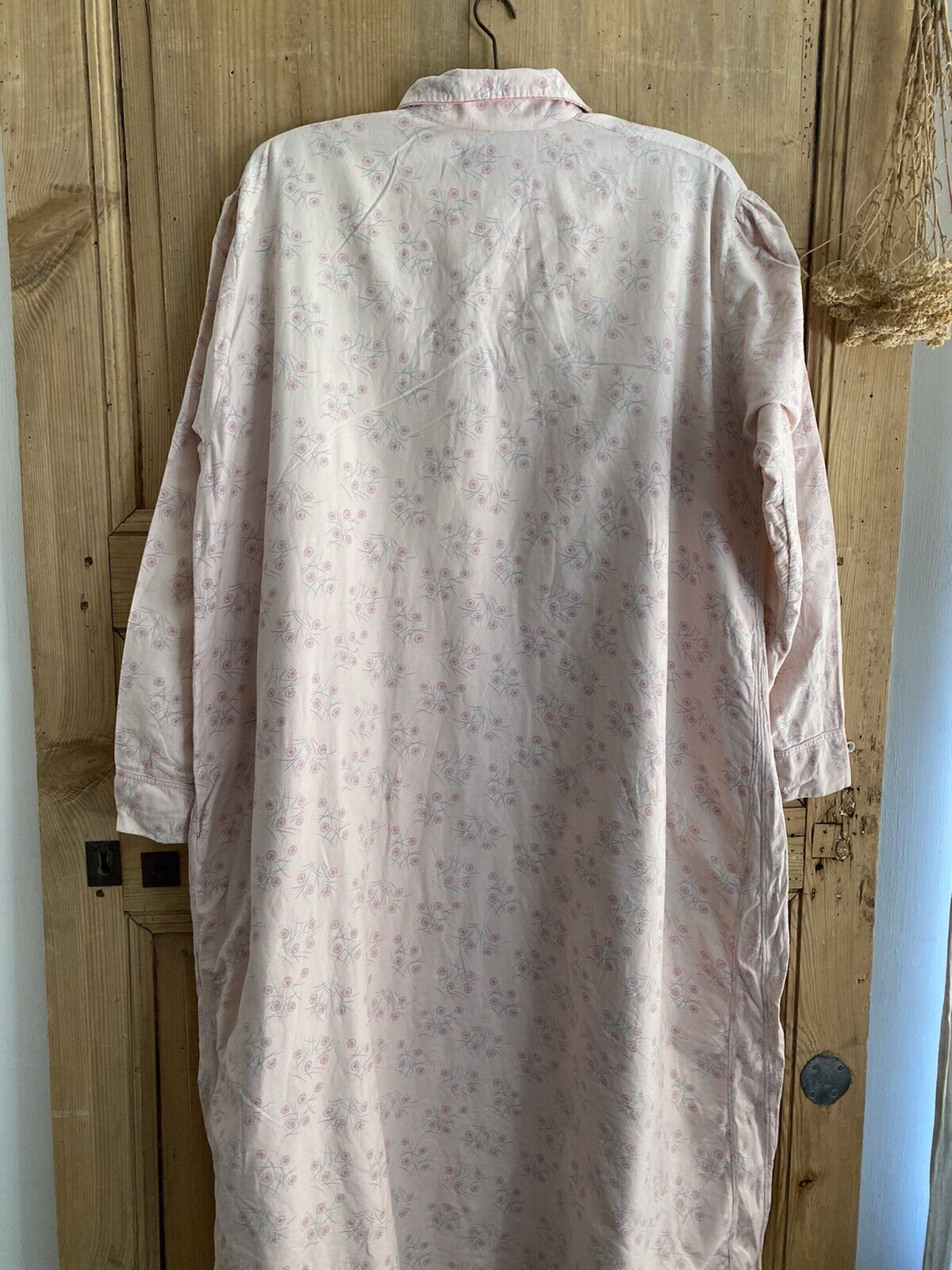 Vintage LONG NIGHTSHIRT faded pink floral FLANNEL COTTON c1930