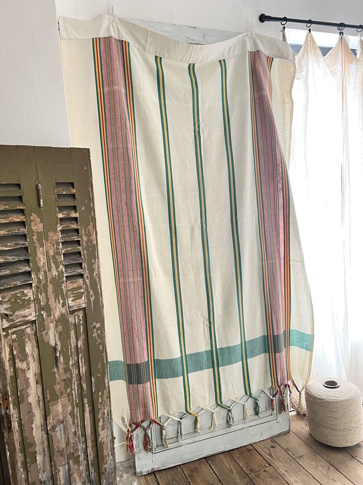 Vintage French Provencal long cotton STRIPED DOOR CURTAIN fringes c1950