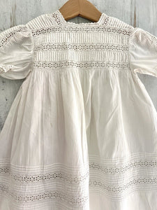 Vintage French ribbed COTTON child embroidered LACE dress DOLL c1930