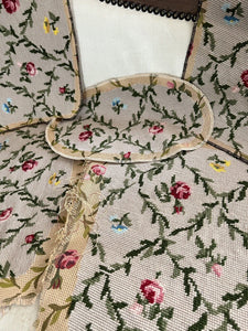 Vintage French PAIR TAPESTRY cotton chair covers floral bouquets c1950