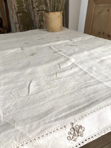 Vintage French EMBROIDERED LINEN coffee TABLECLOTH c1950