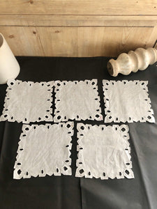 5 vintage French LINEN TEA NAPKINS  DOILY mats OPENWORKS c1930