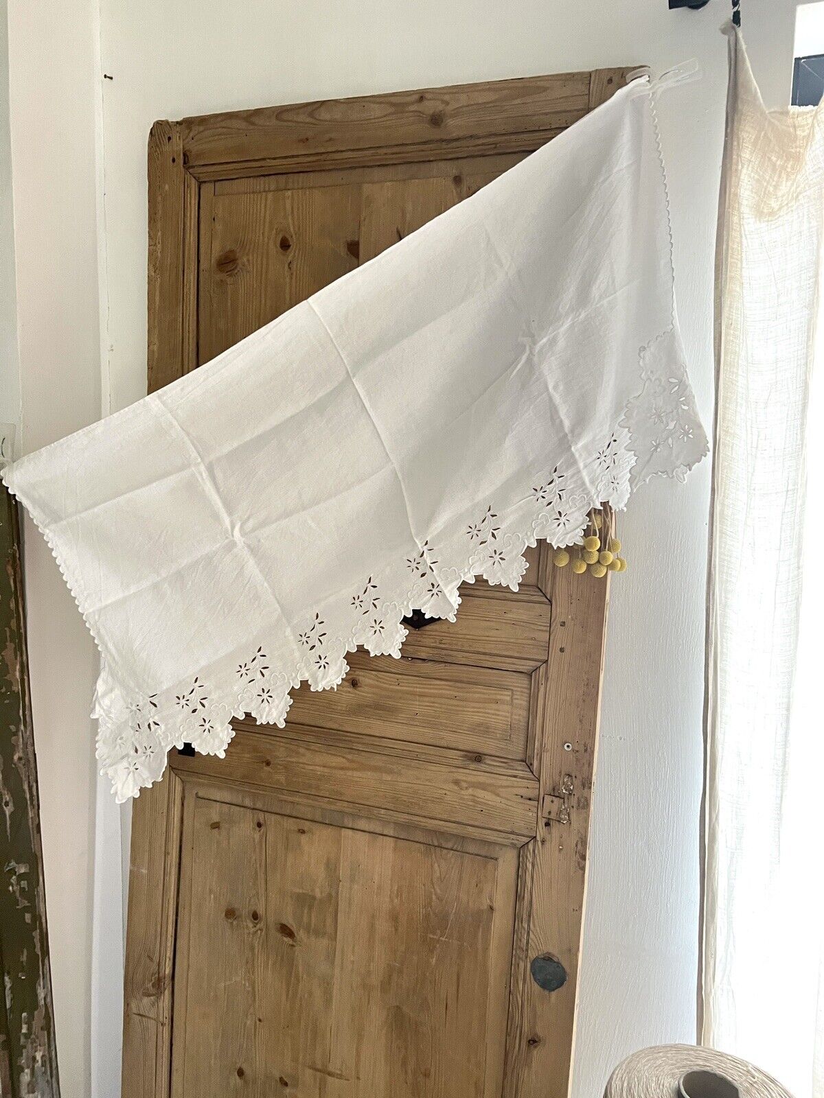 Antique French linen embroidered VALANCE MANTELPIECE FESTONS eyelet c1900