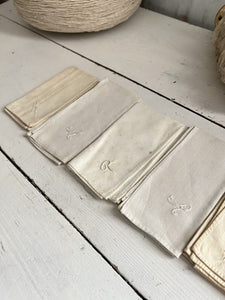 Set of 7 antique French LINEN COTTON blend HANDKERCHIEF R mono c1900