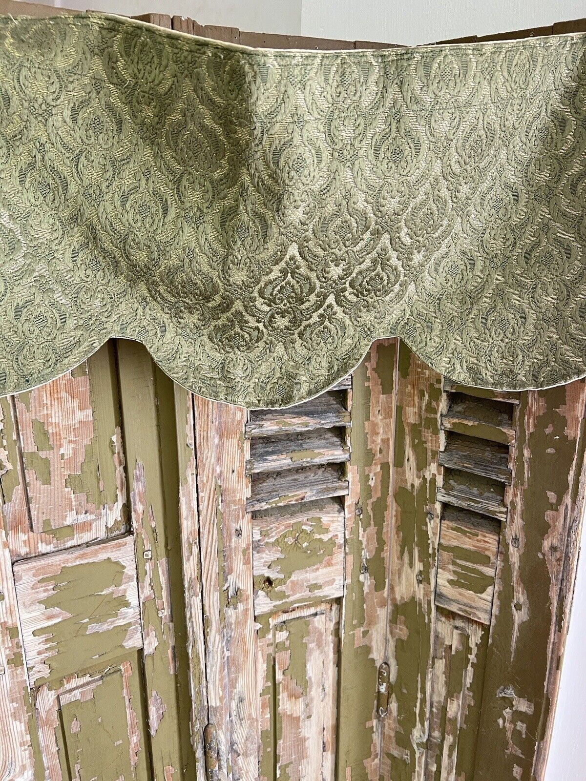 Antique French DAMASK GREEN SILK long BOTEH indiennes VALANCE c1920