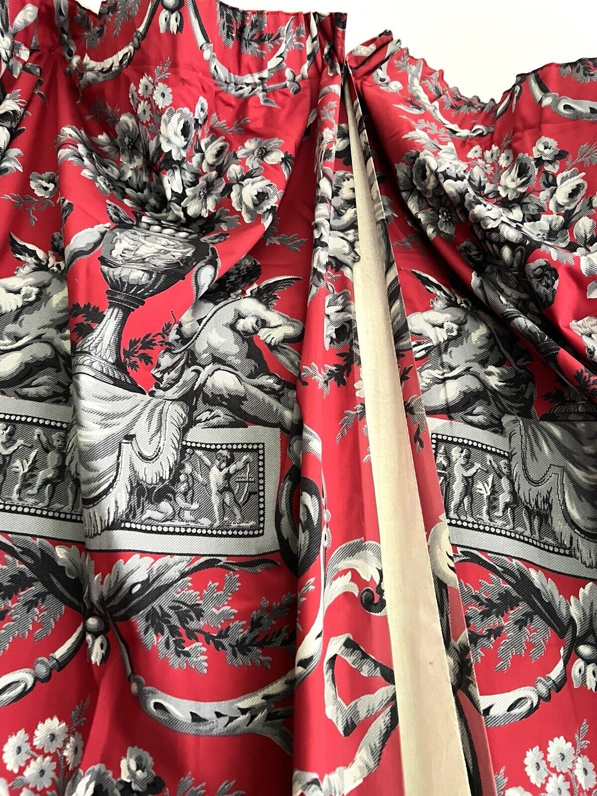 PAIR vintage French classic RED CHERUBS satin cotton CURTAINS BACKED c1950