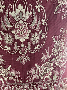 Vintage French FLORAL BURGUNDY BOTEH DAMASK wool BEDSPREAD fringes c1930