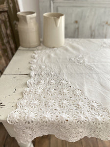 Vintage French EMBROIDERED filet lace LINEN tea TABLECLOTH c1930