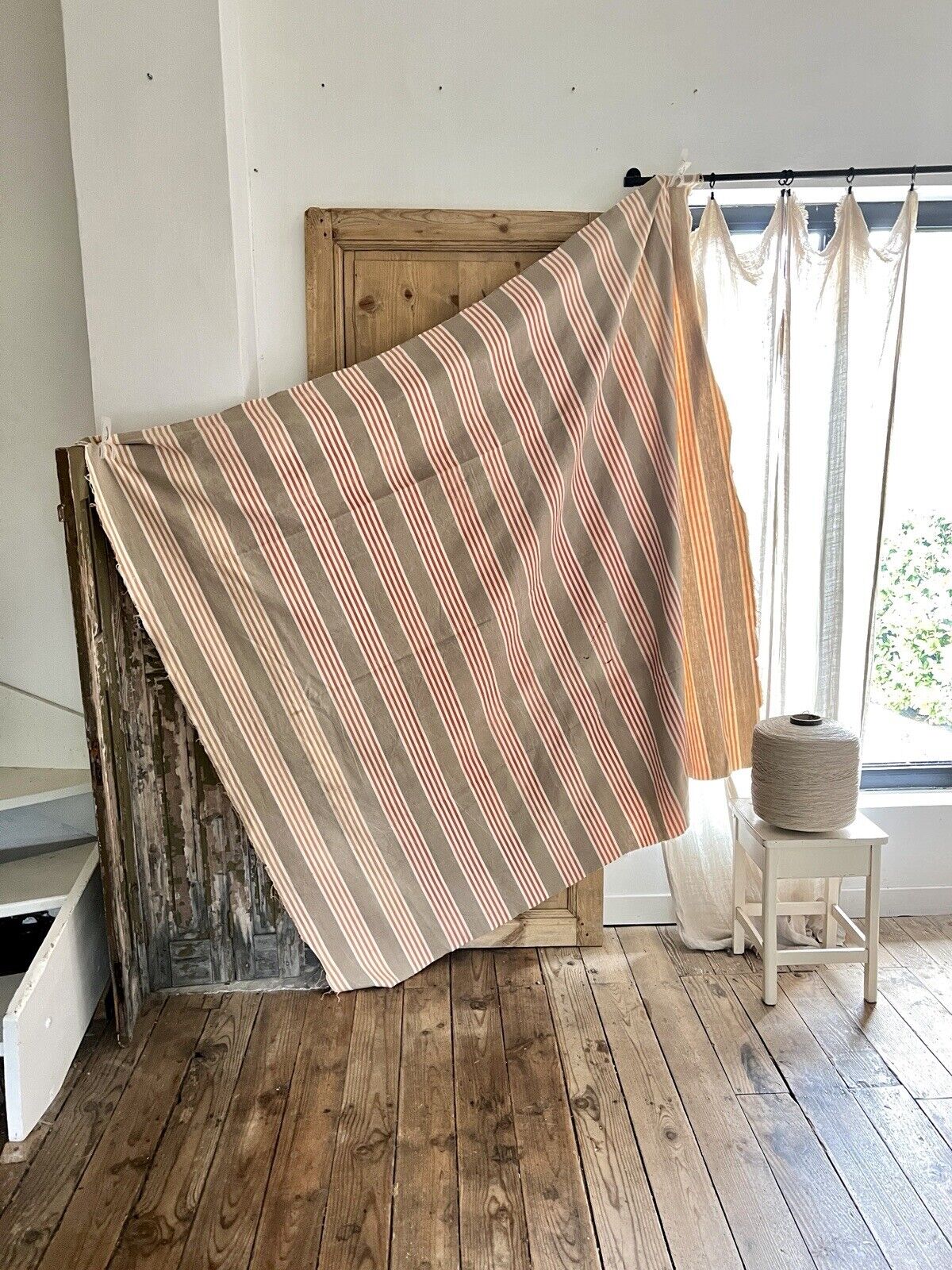 Antique French CLASSIC TICKING soft LINEN RED and BROWN tones UPHOLSTERY c1900