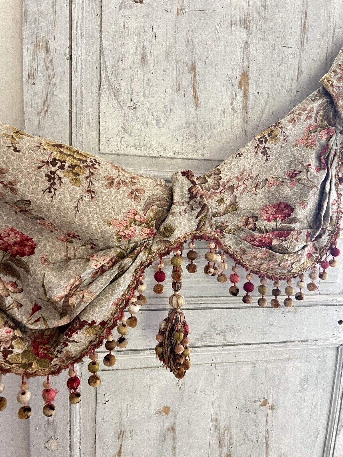 Antique French FLORAL cotton VALANCE mantel CHINOISERIE pompoms c1900